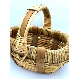 Woven Wooden Basket Handmade Oval Shaped Natural Materials Rustic Cottage/Vintag